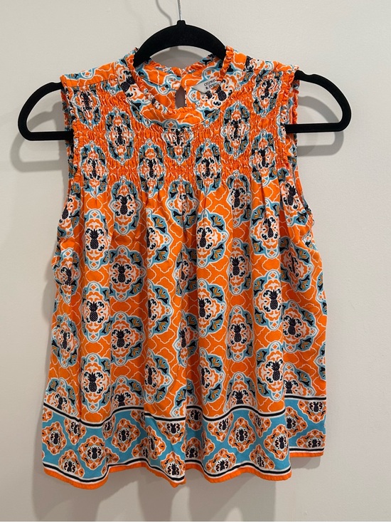 crown & ivy Tops - Crown & Ivy Orange Printed Smocked Neck Sleeveless Blouse